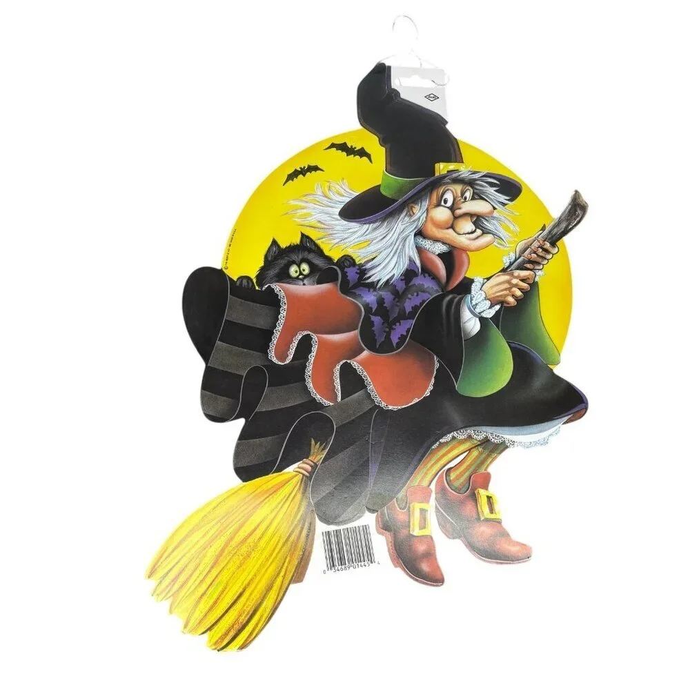 Vintage Beistle Halloween 1983 Die cut Witch Broom Full Moon Bat Cat Decoration